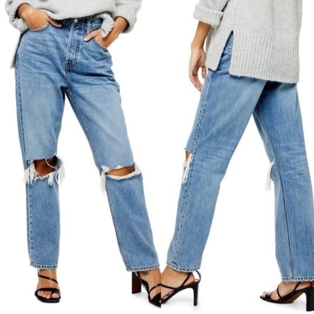 TOPSHOP Mid Blue Washed Denim Straight Cut Jeans 26 High Rise Ripped Distressed - Picture 3 of 14